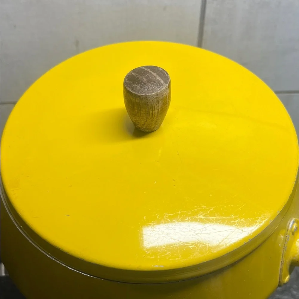 Vintage Yellow Fondue Set with Wooden Handle 8 forks included 1960’- 1970’s MCM